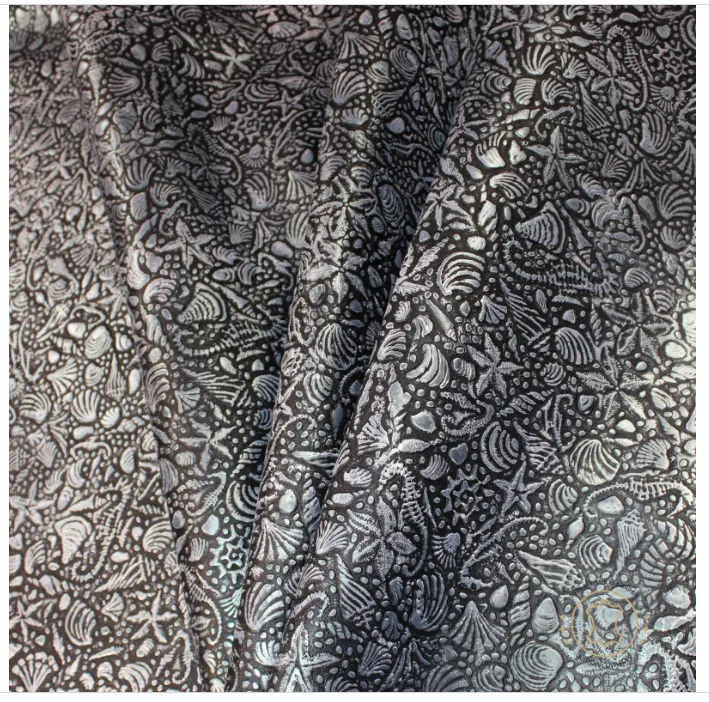 Sea Life Embossed Leather Black Silver : Leather 3 .5- 4.0 oz. | 1.4 - 1.6 mm - Leather for Projects - Seahorses, star, shell