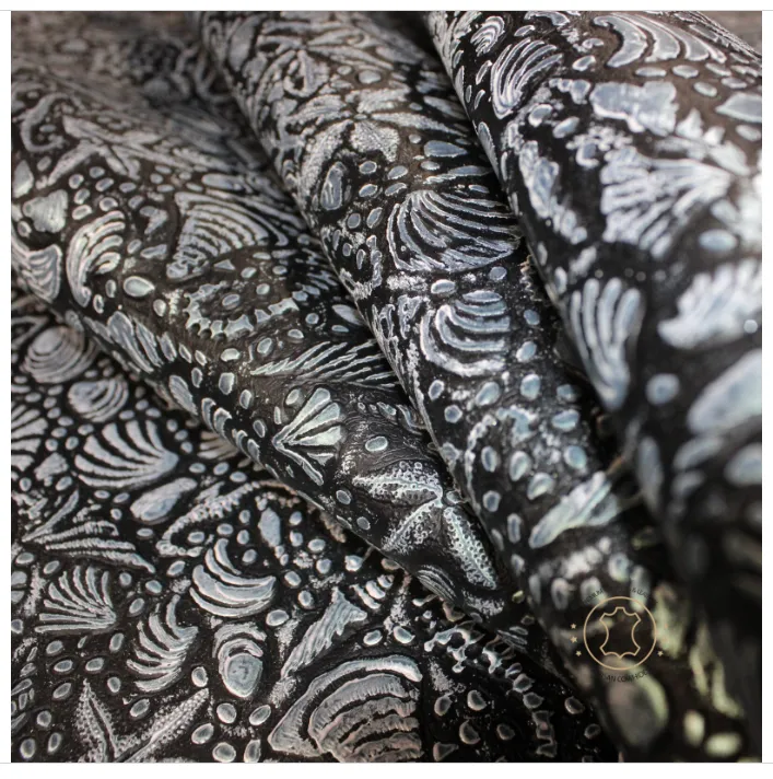 Sea Life Embossed Leather Black Silver : Leather 3 .5- 4.0 oz. | 1.4 - 1.6 mm - Leather for Projects - Seahorses, star, shell