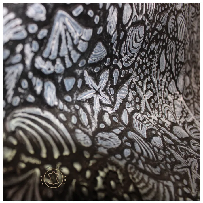 Sea Life Embossed Leather Black Silver : Leather 3 .5- 4.0 oz. | 1.4 - 1.6 mm - Leather for Projects - Seahorses, star, shell