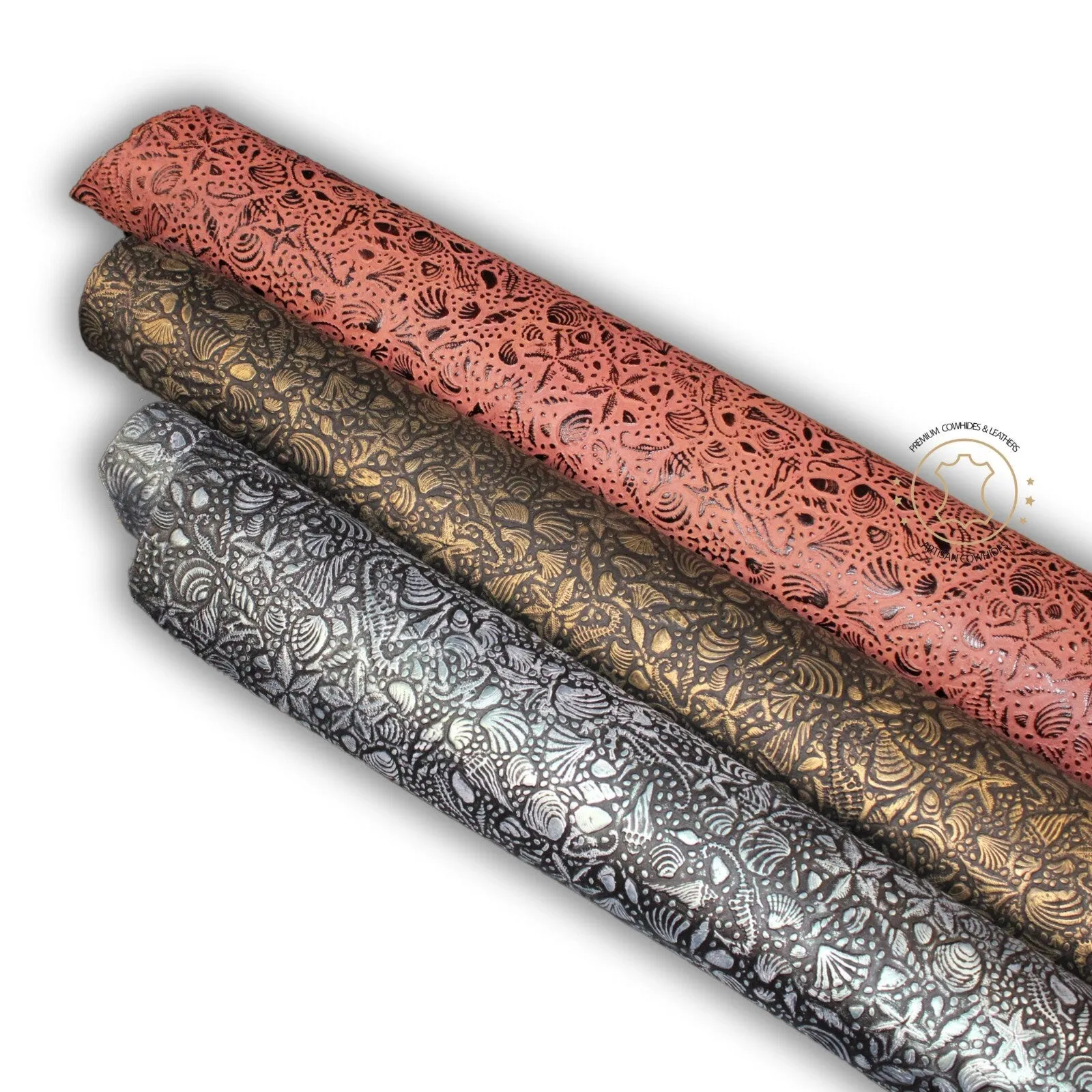 Sea Life Embossed Leather Tan Brown : Leather 3 - 3.5 oz. | 1.4 - 1.6 mm - Leather for Projects - Seahorses, star, shell