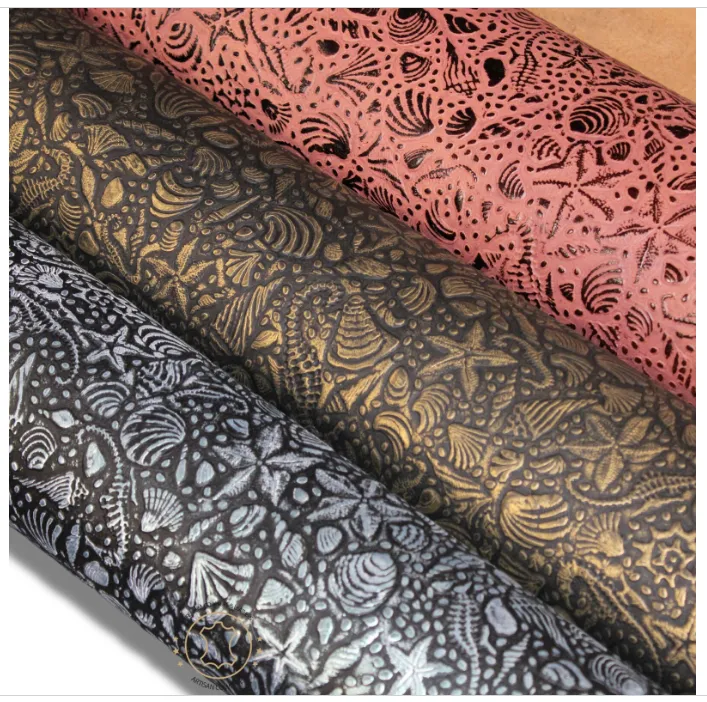 Sea Life Embossed Leather Tan Brown : Leather 3 - 3.5 oz. | 1.4 - 1.6 mm - Leather for Projects - Seahorses, star, shell