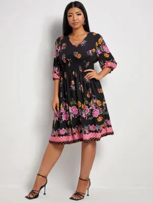 Shein - Floral Print Shirred Waist A-line Dress