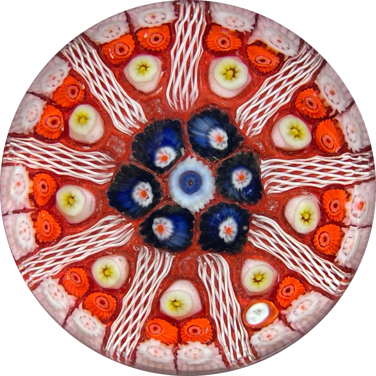 Signed Strathearn Paperweights Paneled Millefiori and Filigree on Orange Ground