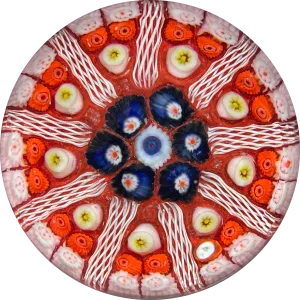 Signed Strathearn Paperweights Paneled Millefiori and Filigree on Orange Ground