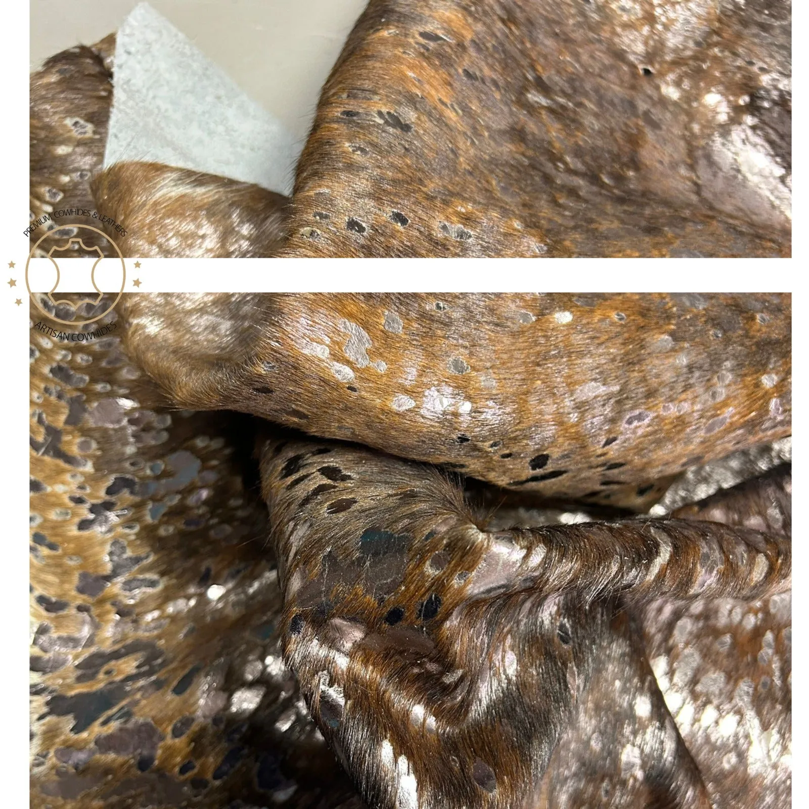 Silver Metallic Wash on Brindle Cowhide Sheets | 12"x12", 12"x18", 12"x24" Precuts Leather Sheets