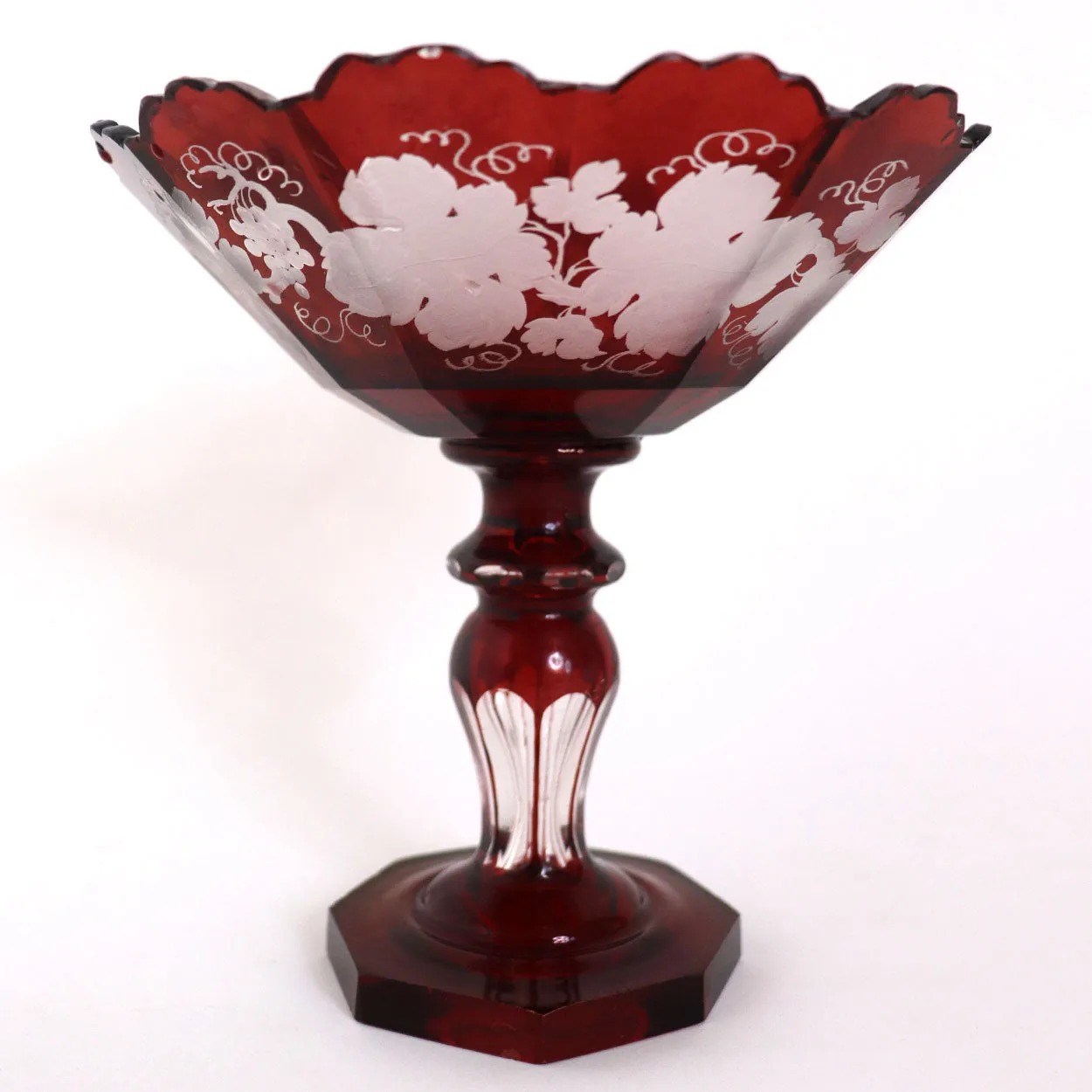 Small Bohemian Crystal Glass Flashed Ruby Red Grapevine Compote