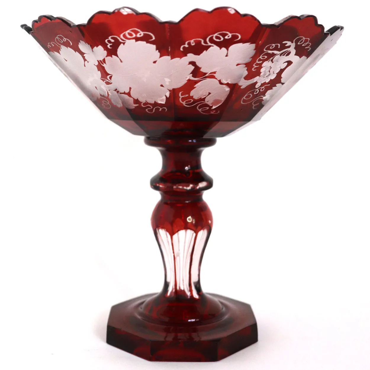 Small Bohemian Crystal Glass Flashed Ruby Red Grapevine Compote