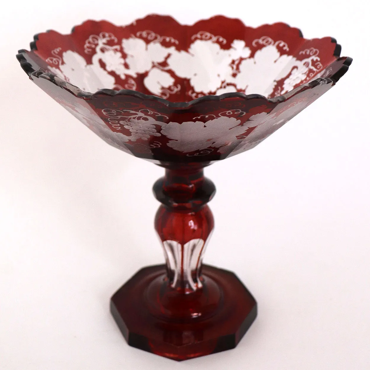 Small Bohemian Crystal Glass Flashed Ruby Red Grapevine Compote