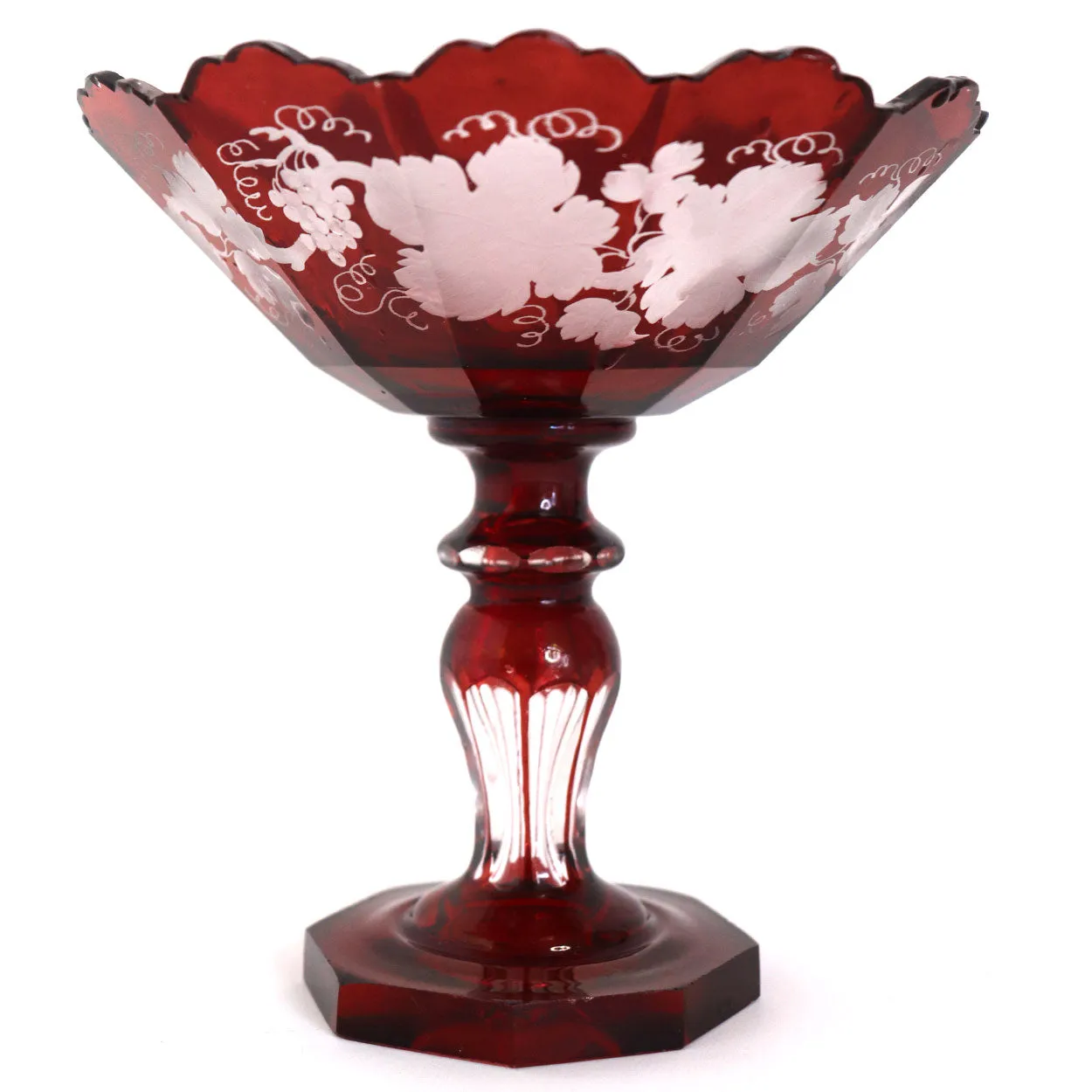 Small Bohemian Crystal Glass Flashed Ruby Red Grapevine Compote