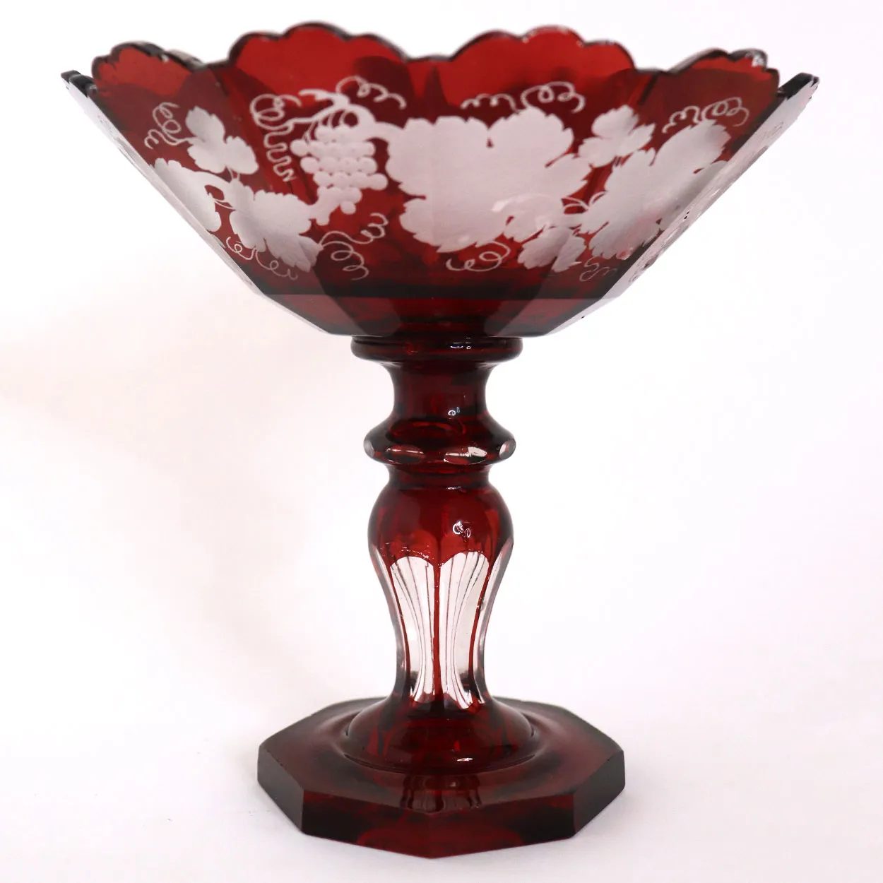 Small Bohemian Crystal Glass Flashed Ruby Red Grapevine Compote