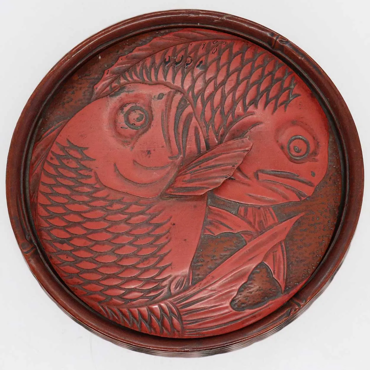 Small Japanese Cinnabar Red Lacquer Koi Fish Round Basket Box