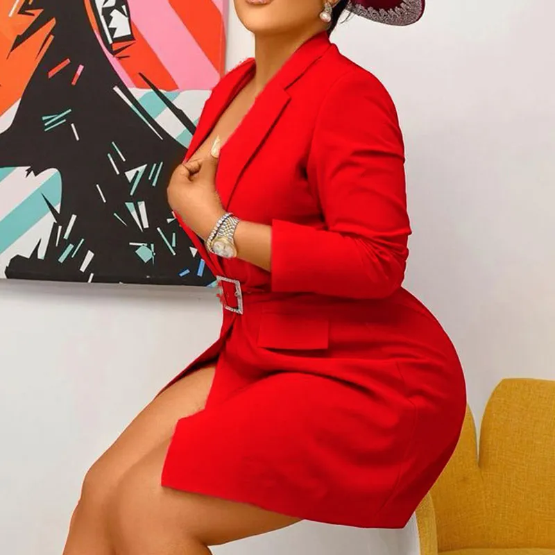 Solid Deep V-Neck Long Sleeve Belted Blazer Coat