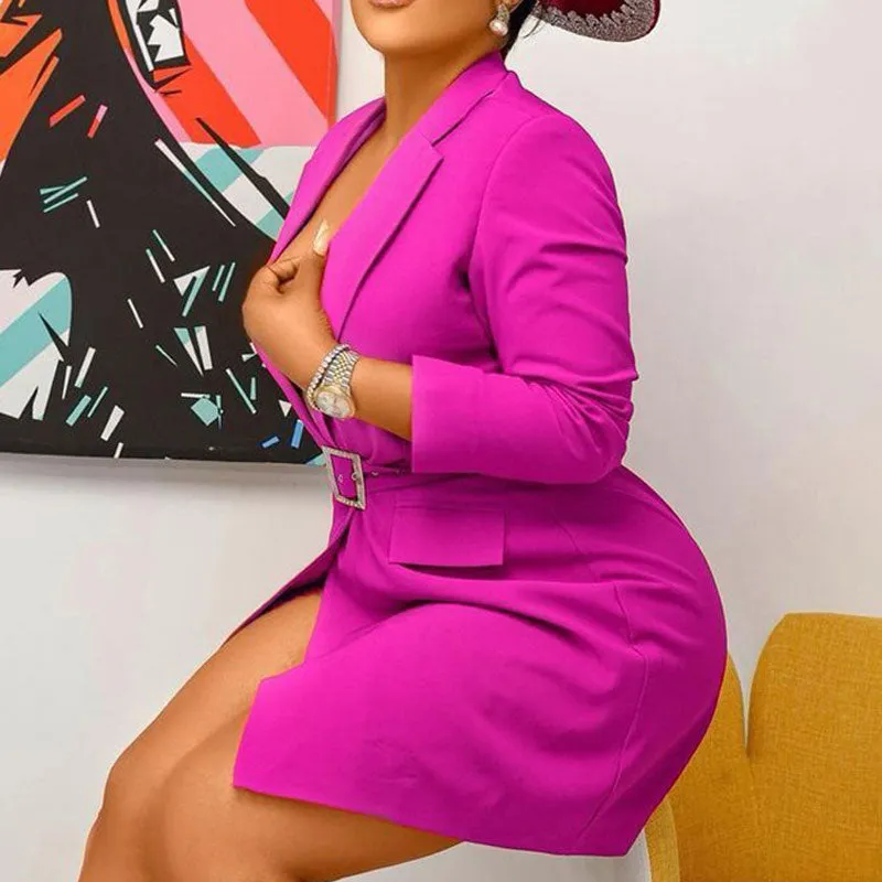 Solid Deep V-Neck Long Sleeve Belted Blazer Coat