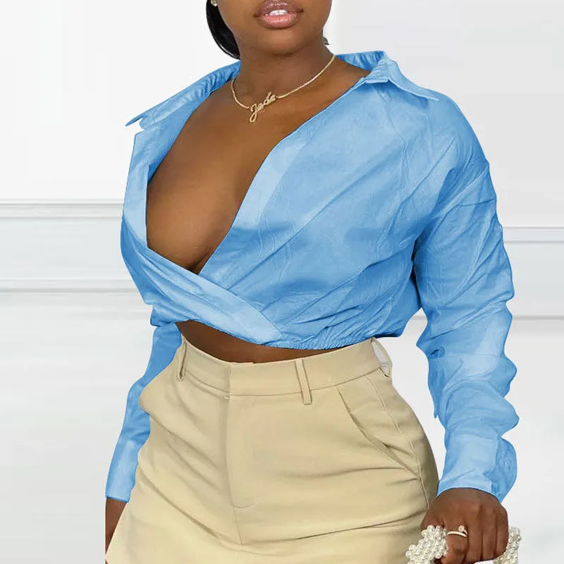 Solid Deep V-Neck Long Sleeve Blouse