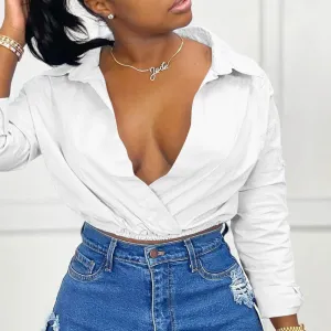 Solid Deep V-Neck Long Sleeve Blouse