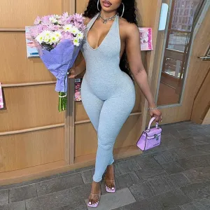 Solid Sleeveless Halter Backless Jumpsuit