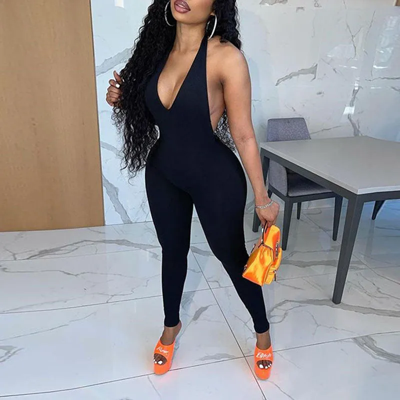 Solid Sleeveless Halter Backless Jumpsuit