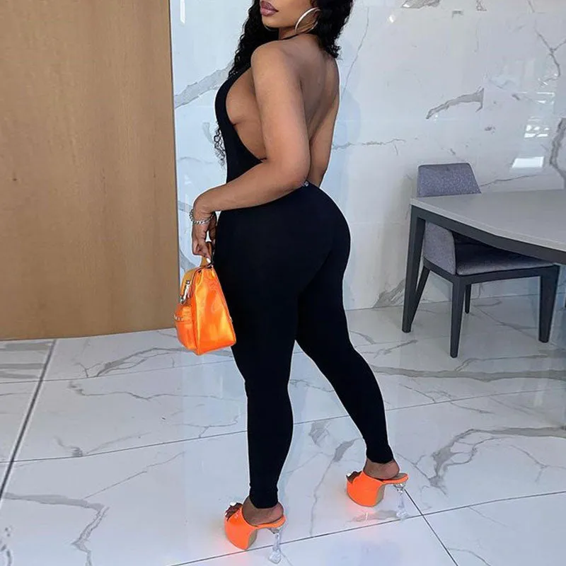 Solid Sleeveless Halter Backless Jumpsuit