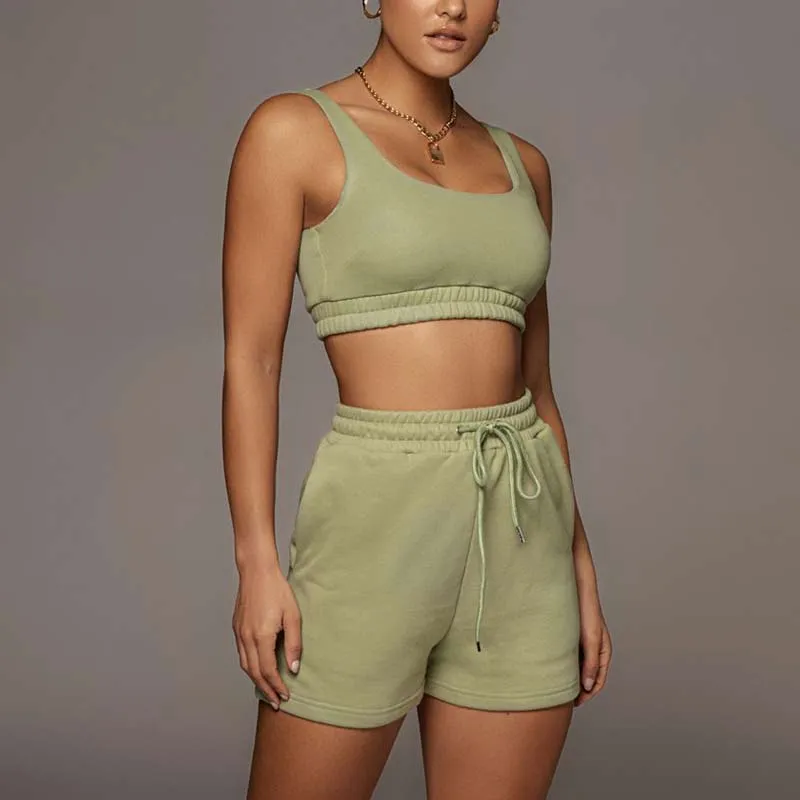 Solid Sleeveless Tube Top & Drawstring Shorts Set