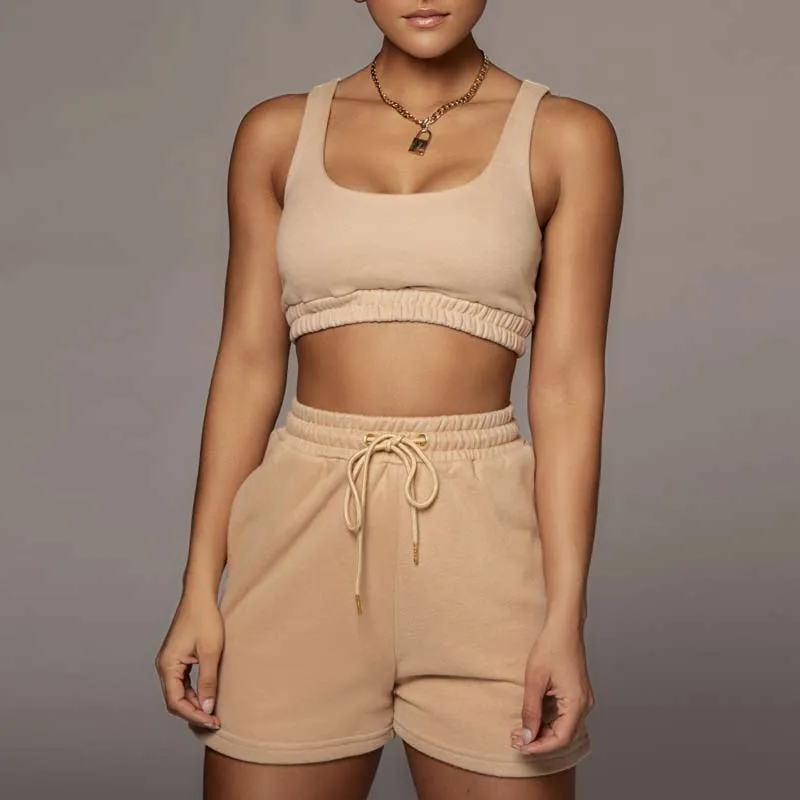 Solid Sleeveless Tube Top & Drawstring Shorts Set