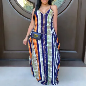 Stripe Pattern Sleeveless Loose Maxi Dress