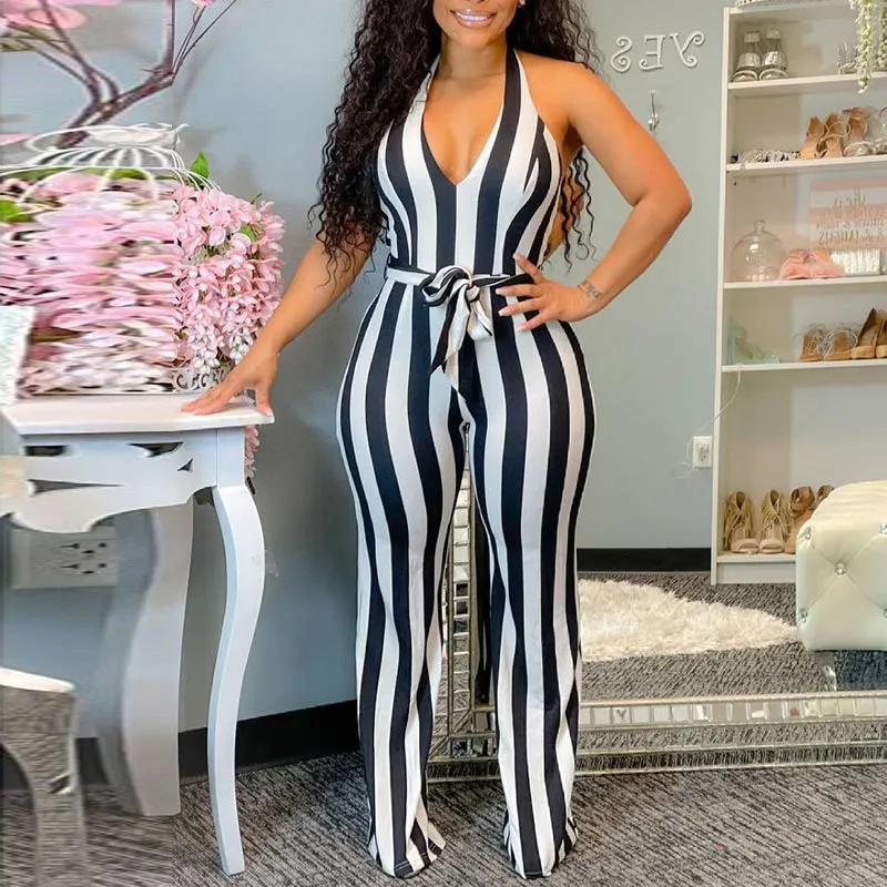 Stripe Print V-Neck Wide Leg Jumpsuit