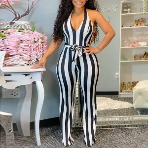 Stripe Print V-Neck Wide Leg Jumpsuit