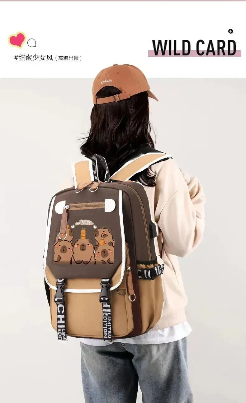 Stylish Kawaii Capybara Computer Backpack College School Casual Daypack Teens Bag Large Capacity Adjustable Strap Schoolbag
