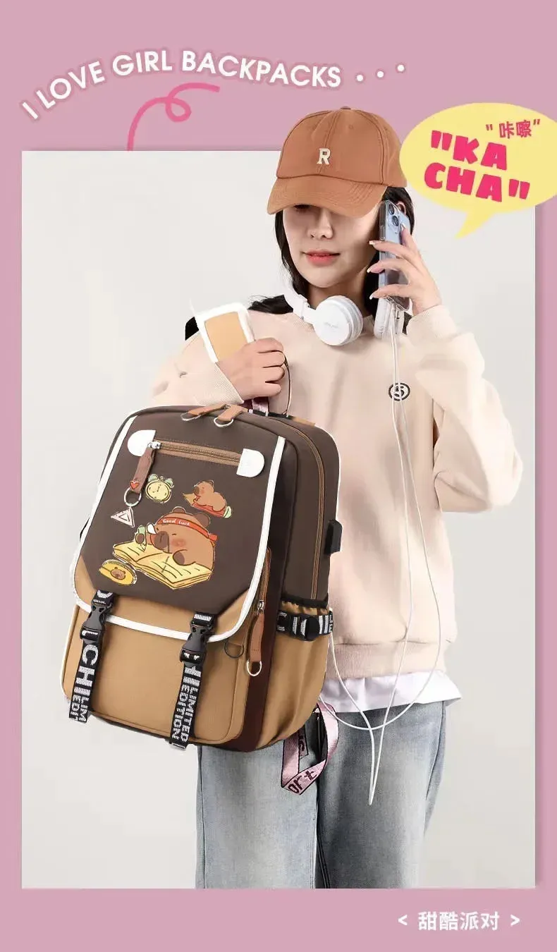 Stylish Kawaii Capybara Computer Backpack College School Casual Daypack Teens Bag Large Capacity Adjustable Strap Schoolbag