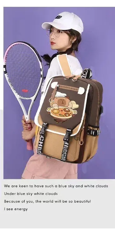 Stylish Kawaii Capybara Computer Backpack College School Casual Daypack Teens Bag Large Capacity Adjustable Strap Schoolbag