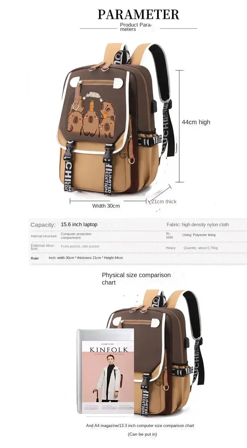 Stylish Kawaii Capybara Computer Backpack College School Casual Daypack Teens Bag Large Capacity Adjustable Strap Schoolbag
