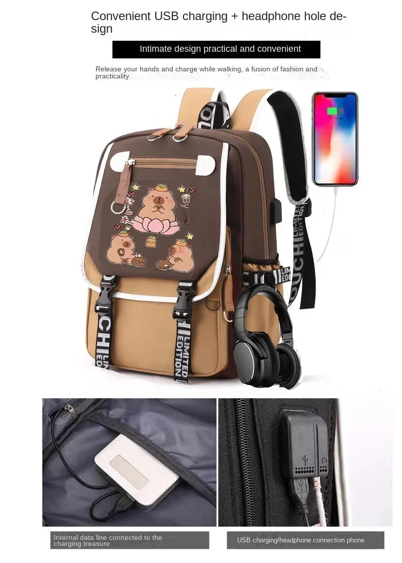 Stylish Kawaii Capybara Computer Backpack College School Casual Daypack Teens Bag Large Capacity Adjustable Strap Schoolbag