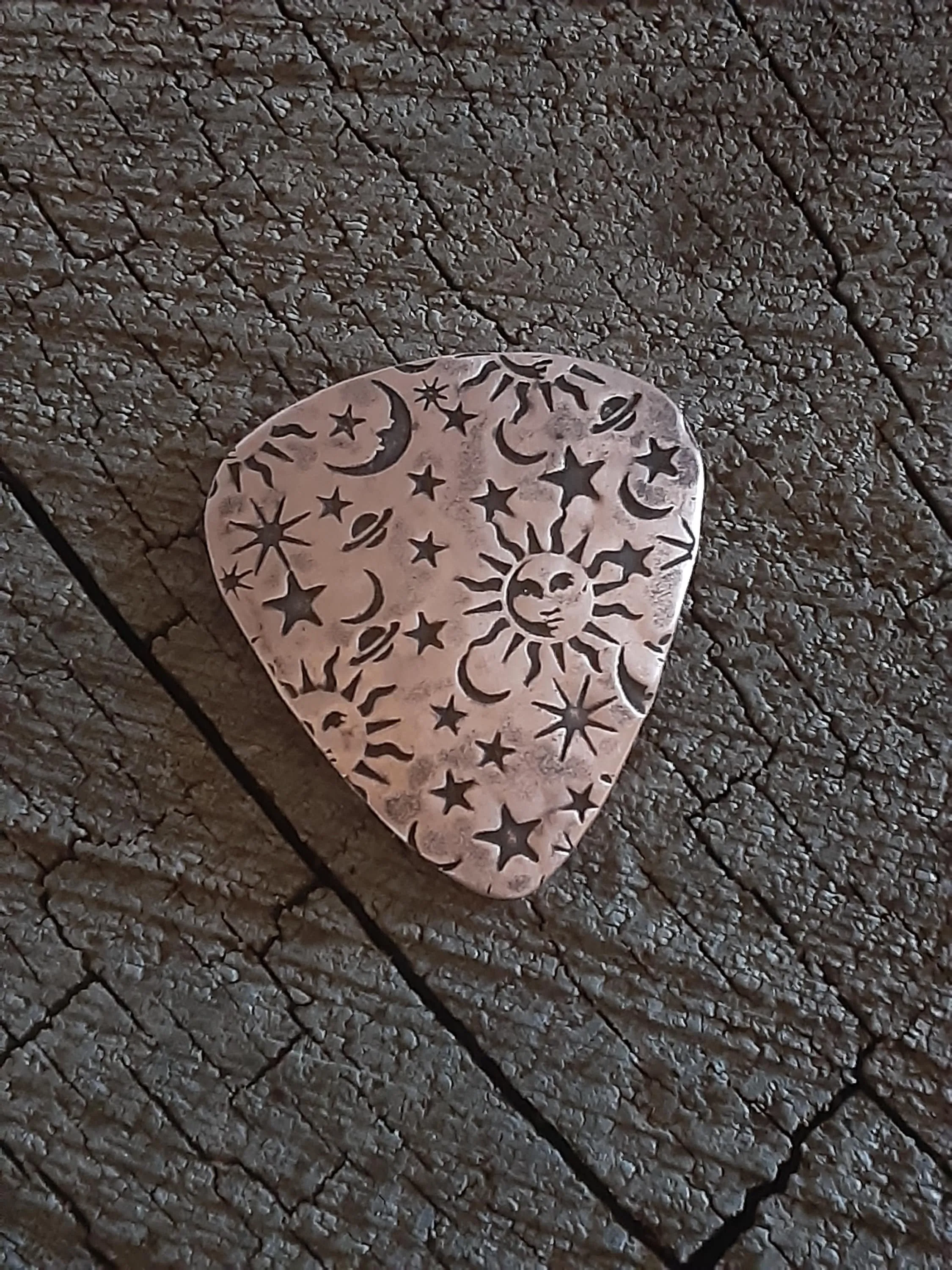 Sun moon and stars copper guitar pick