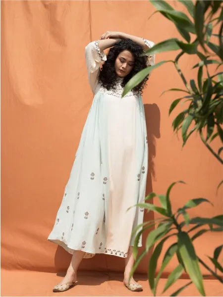 The Essaouira- Off White & Mint Blue Block Printed Maxi Dress