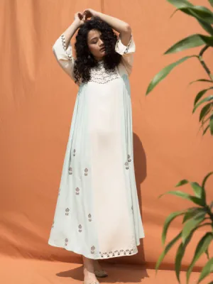 The Essaouira- Off White & Mint Blue Block Printed Maxi Dress