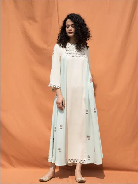 The Essaouira- Off White & Mint Blue Block Printed Maxi Dress