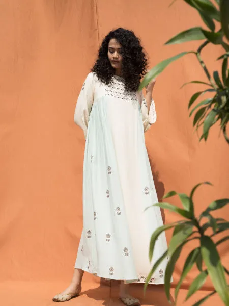 The Essaouira- Off White & Mint Blue Block Printed Maxi Dress