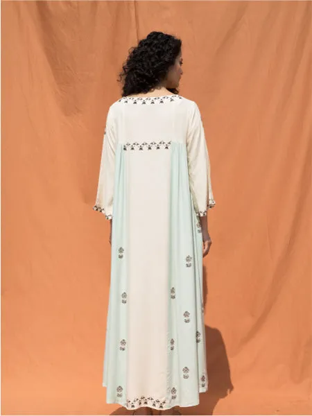 The Essaouira- Off White & Mint Blue Block Printed Maxi Dress