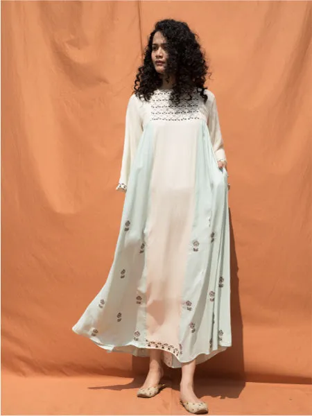 The Essaouira- Off White & Mint Blue Block Printed Maxi Dress
