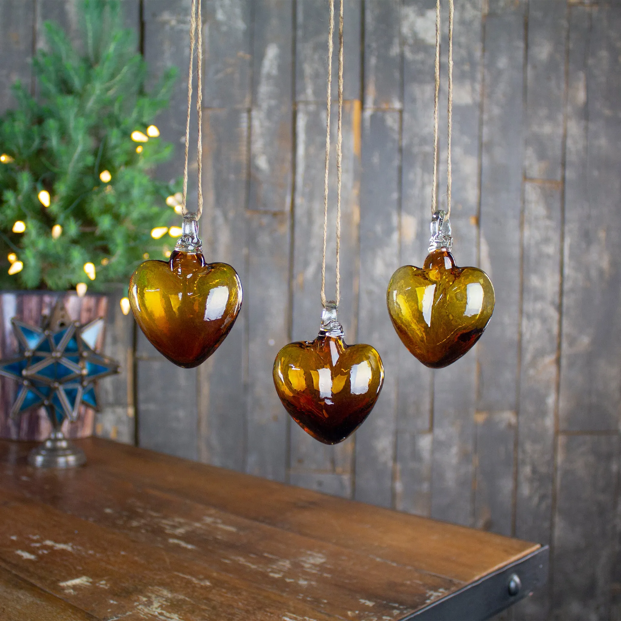 Vestige Heart, Amber Glass Heart Ornaments.