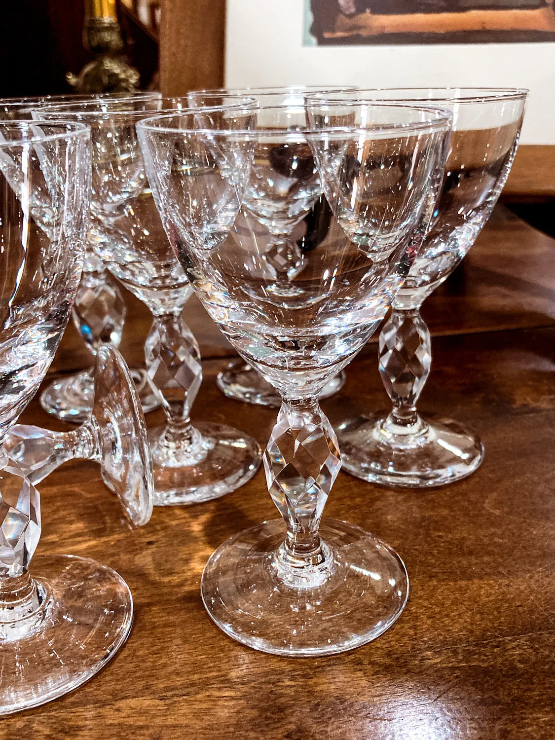 Vintage 1950s Set of Eight Paneled Stem Clear Glass Sherry Glasses