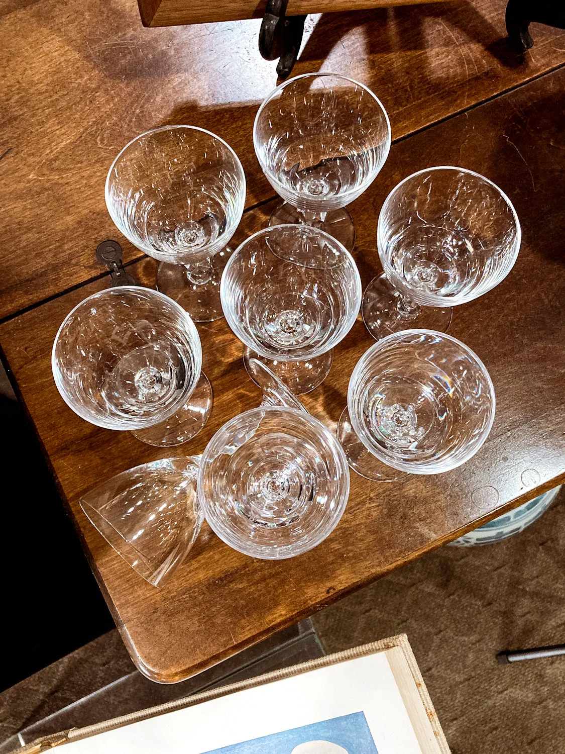 Vintage 1950s Set of Eight Paneled Stem Clear Glass Sherry Glasses