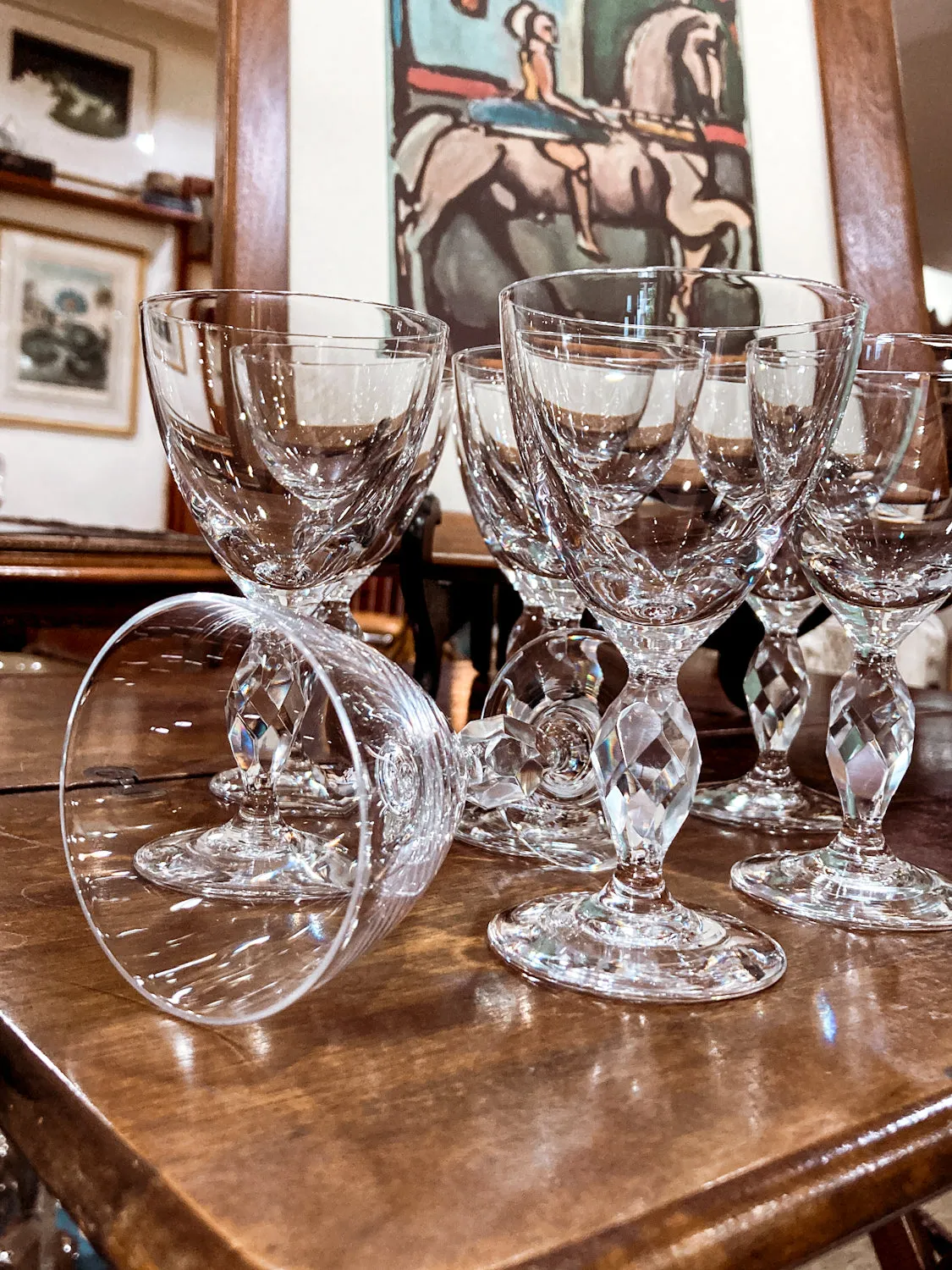Vintage 1950s Set of Eight Paneled Stem Clear Glass Sherry Glasses