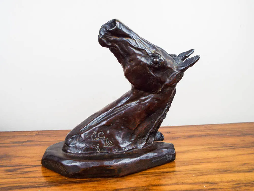 Vintage Bronze Horse Head Sculpture Recast After Charles Marion Russell