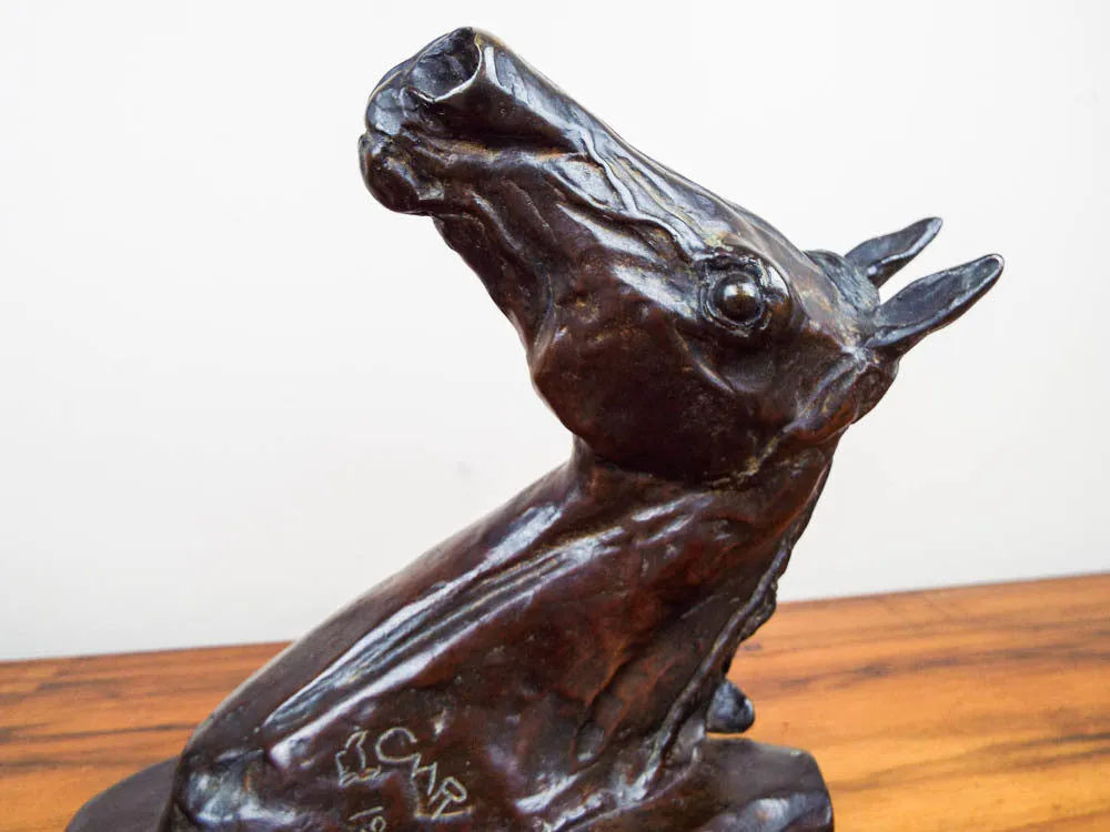 Vintage Bronze Horse Head Sculpture Recast After Charles Marion Russell