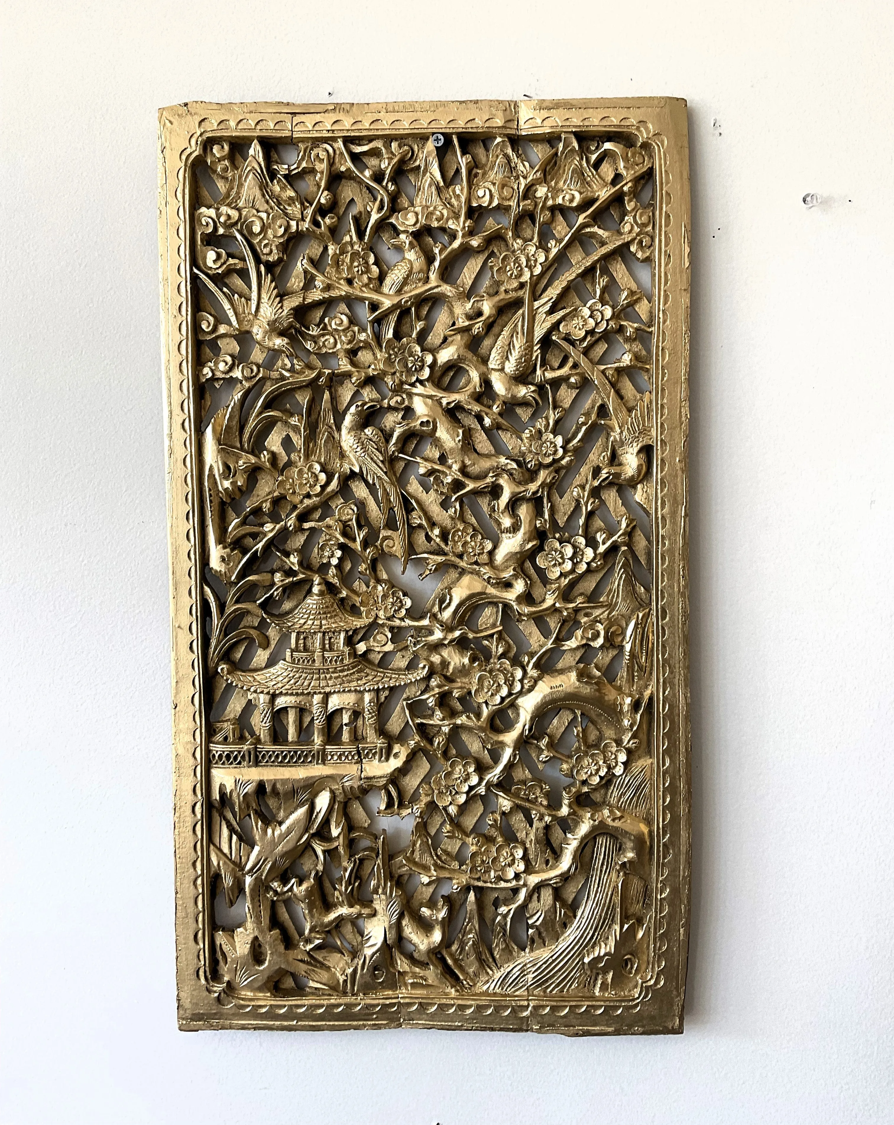 Vintage Chinese Hand-Carved Gilded Wood Wall Panel