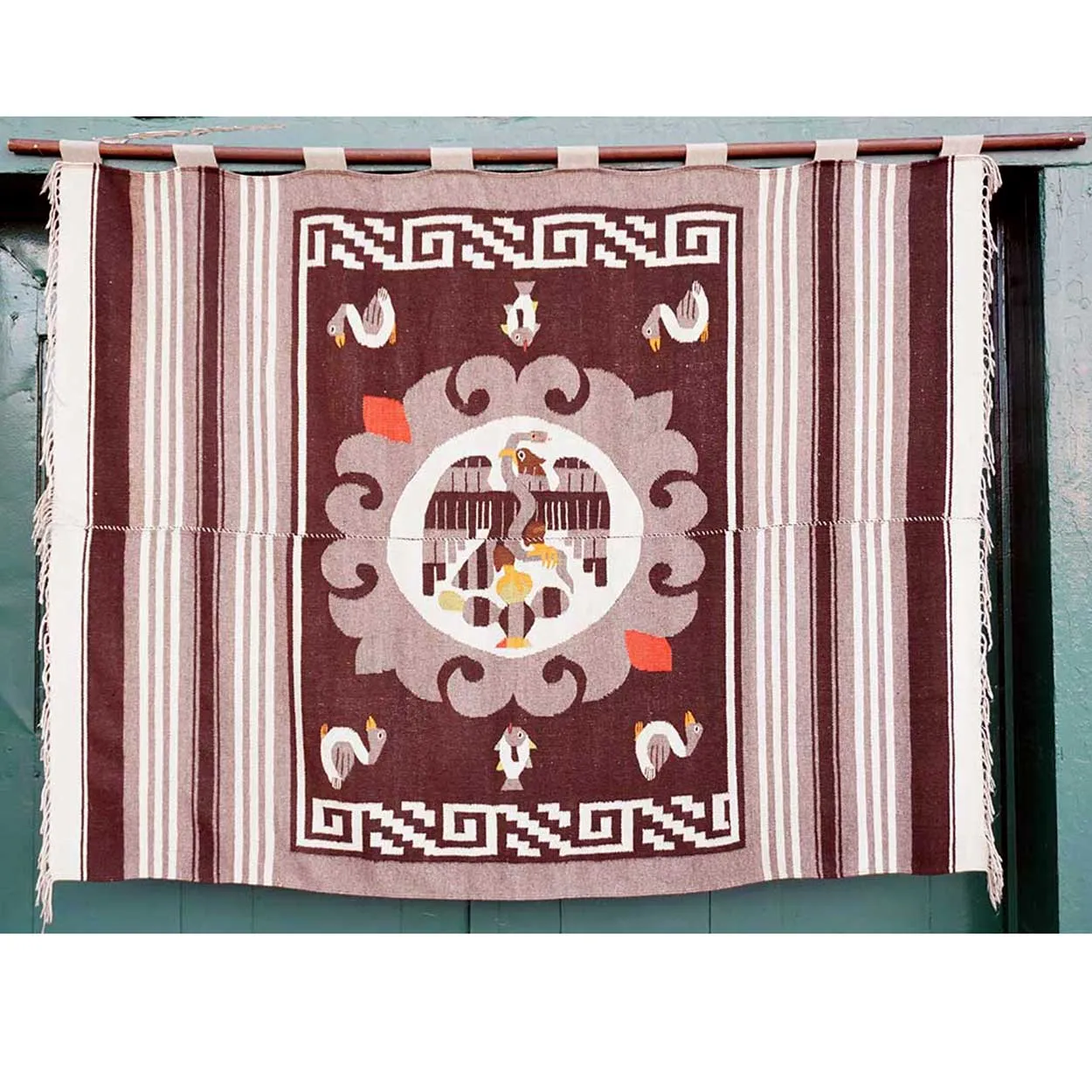 Vintage Large Mexican Cotton and Wool Eagle Fringed Rug / Wall Hanging