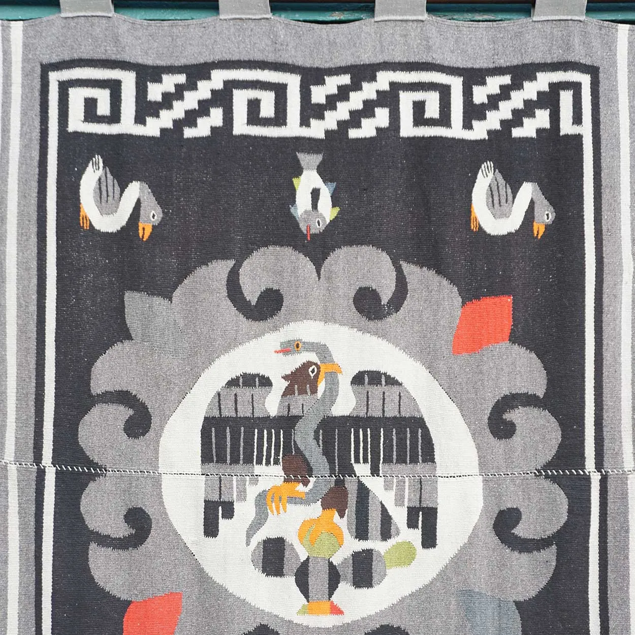 Vintage Large Mexican Cotton and Wool Eagle Fringed Rug / Wall Hanging