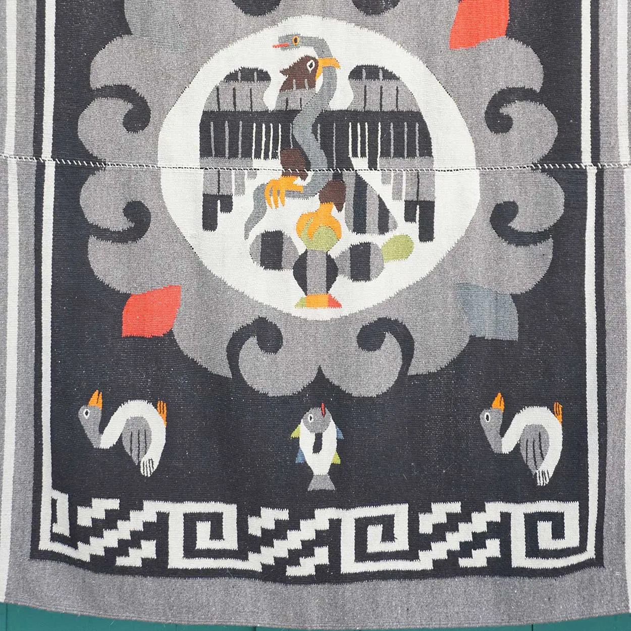 Vintage Large Mexican Cotton and Wool Eagle Fringed Rug / Wall Hanging