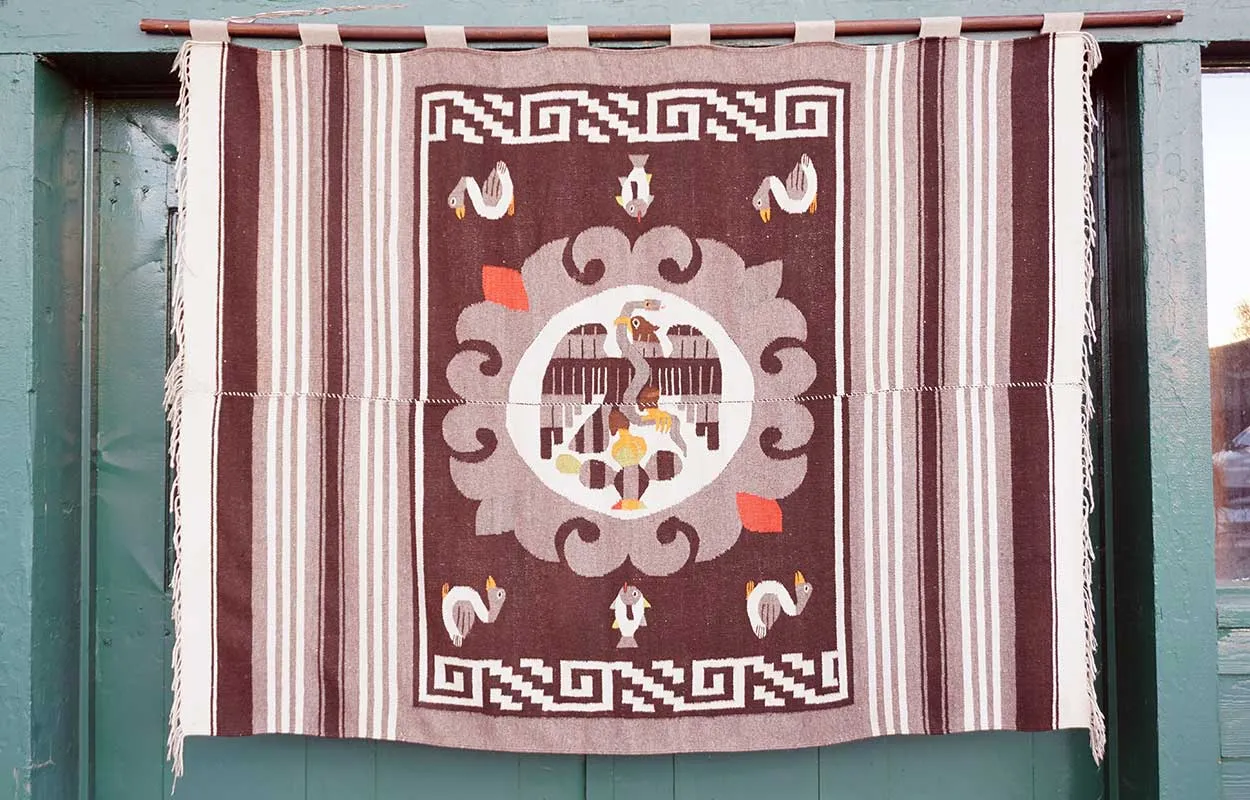 Vintage Large Mexican Cotton and Wool Eagle Fringed Rug / Wall Hanging